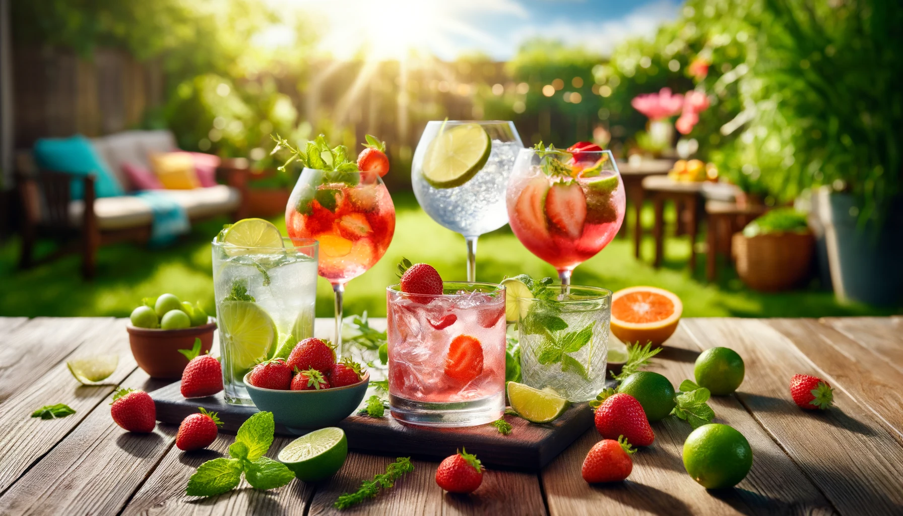 Erfrischende Gin Cocktails auf einem Tisch im Sommergarten